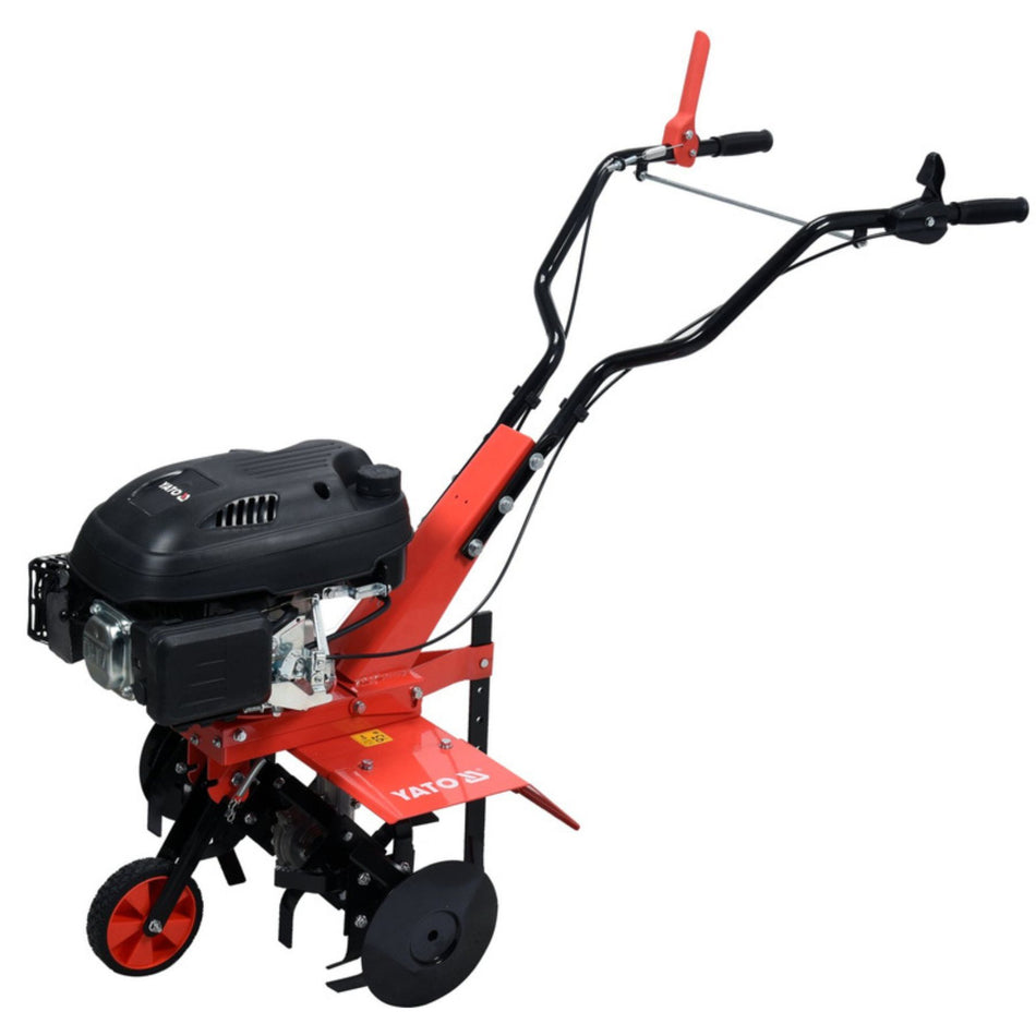 Red tiller with black engine on a white background