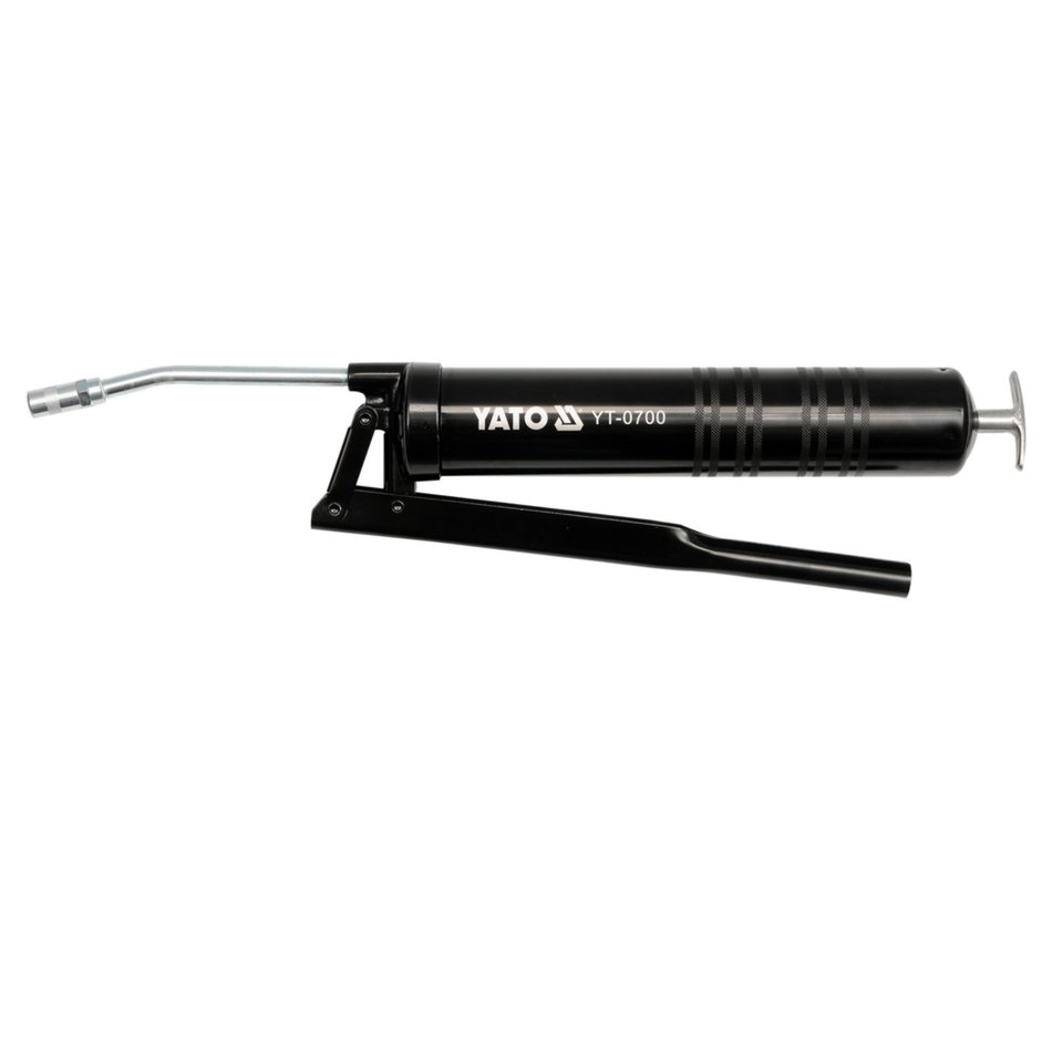 Black grease gun with Yato branding on a white background
