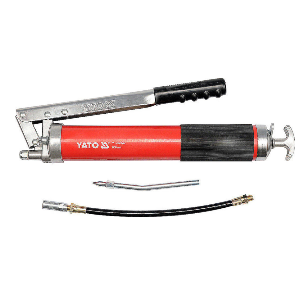Yato grease gun with attachments on a white background