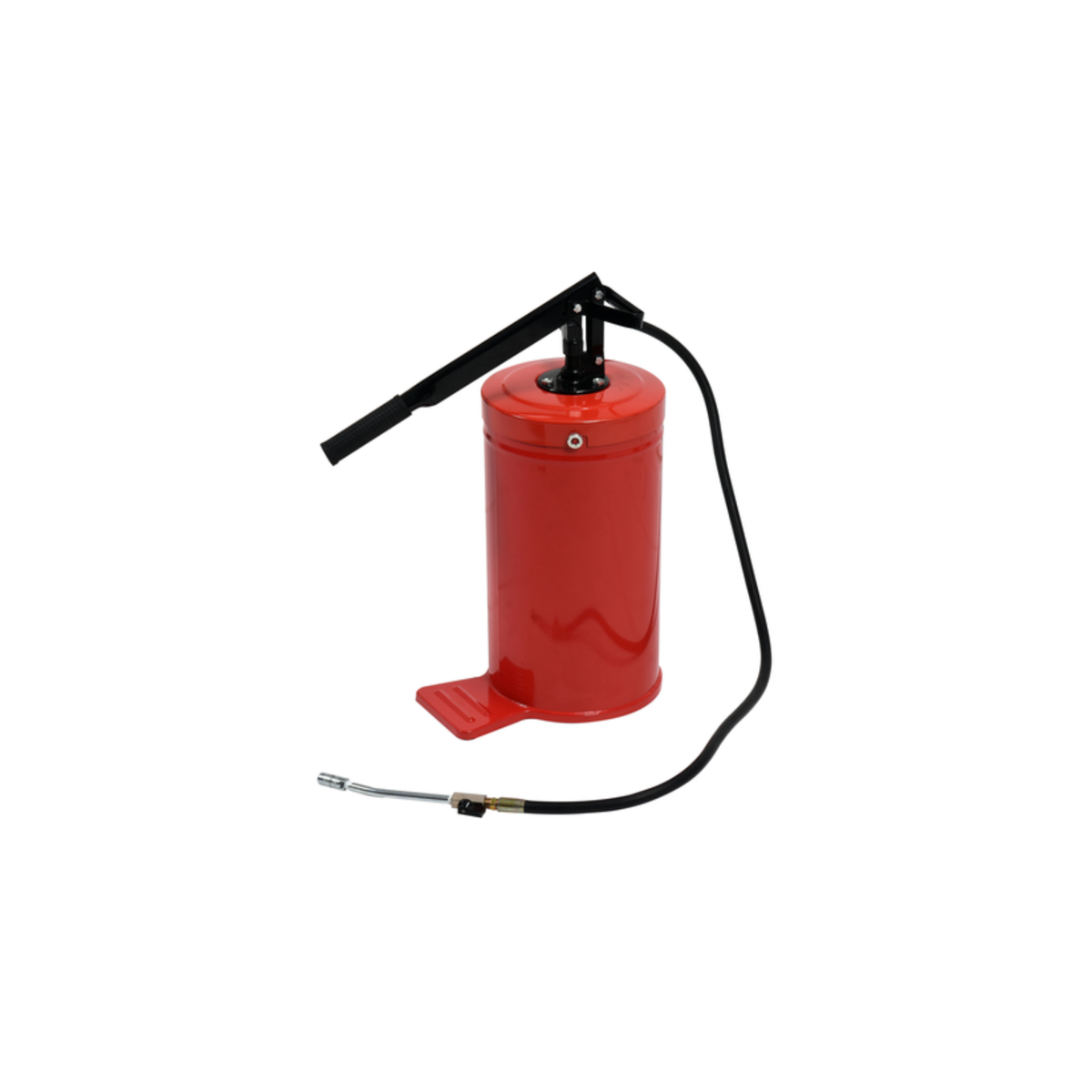 Red hand pump with black hose on a white background