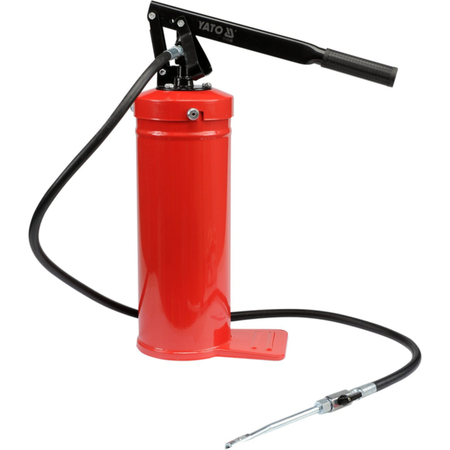 Red hand pump with black hose on a white background