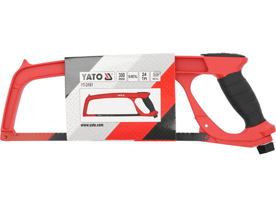 YATO TT-5167 300 mm metal hacksaw with a red and black frame, black grip handle, and its original retail packaging box on a white background.