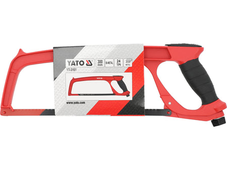 YATO TT-5167 300 mm metal hacksaw with a red and black frame, black grip handle, and its original retail packaging box on a white background.