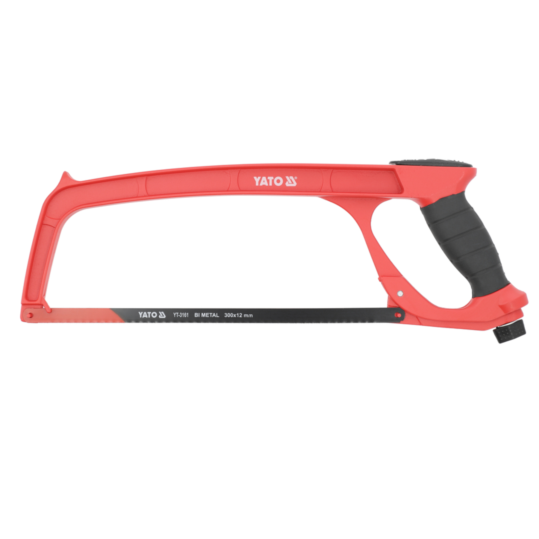 A YATO 21-inch metal hacksaw with a bright red plastic frame, black textured handle grip, and black blade, shown against a plain white background.