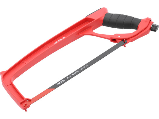A red and black hacksaw with a black handle and a dark gray metal blade, shown on a plain white background.