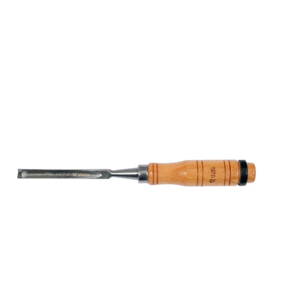 Woodworking chisel with a wooden handle on a white background