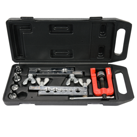 Tool kit with various tools in an open black case on a white background