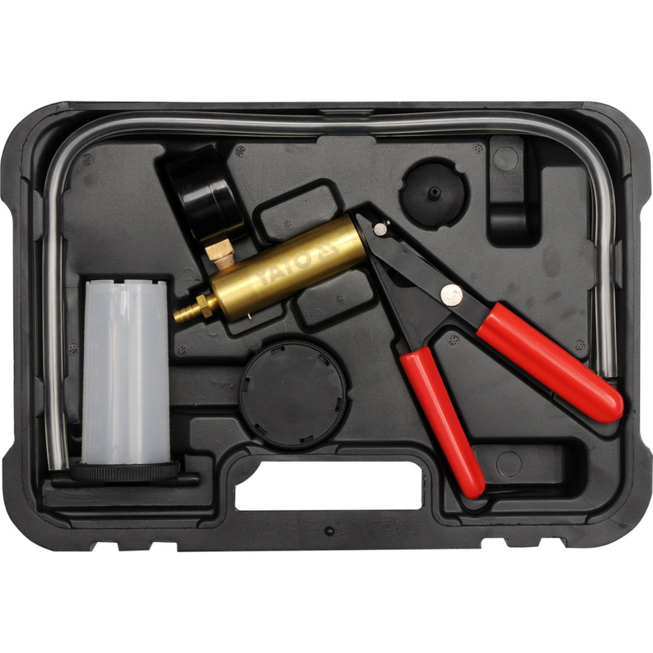 Automotive tool kit with pliers, wrench, and other tools in a black case on a white background
