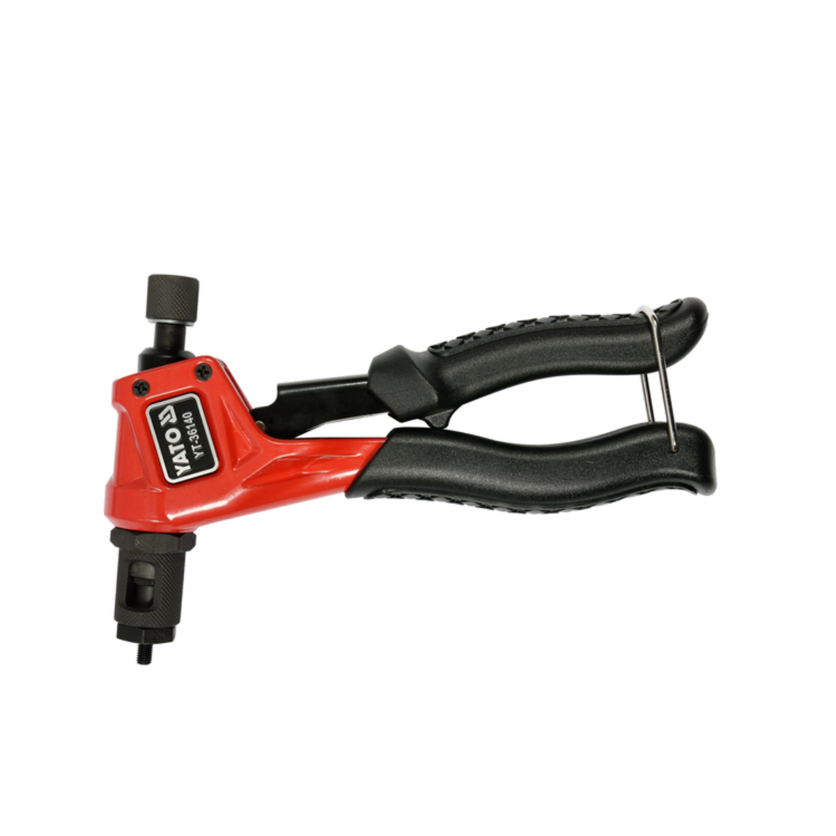 Red and black staple gun on a white background