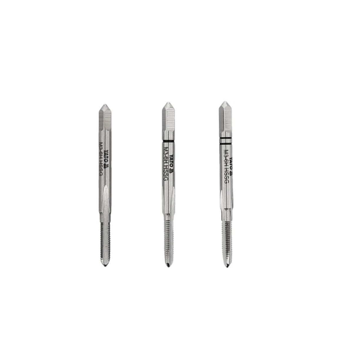 Three metal tools with threaded shafts on a white background