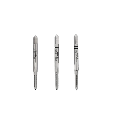 Three metal tools with threaded shafts on a white background