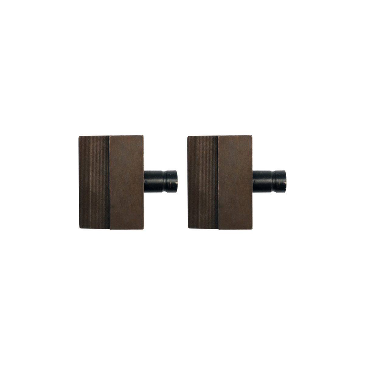 Pair of brown square earrings with black posts on a white background