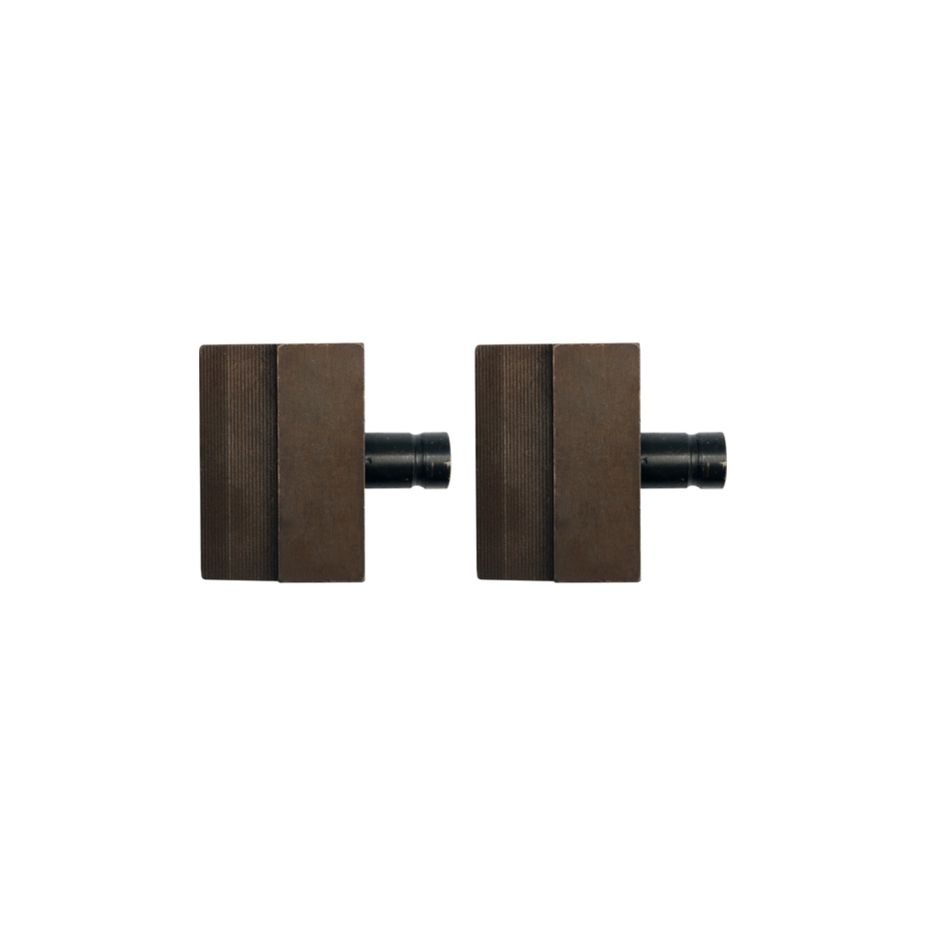 Pair of brown square earrings with black posts on a white background