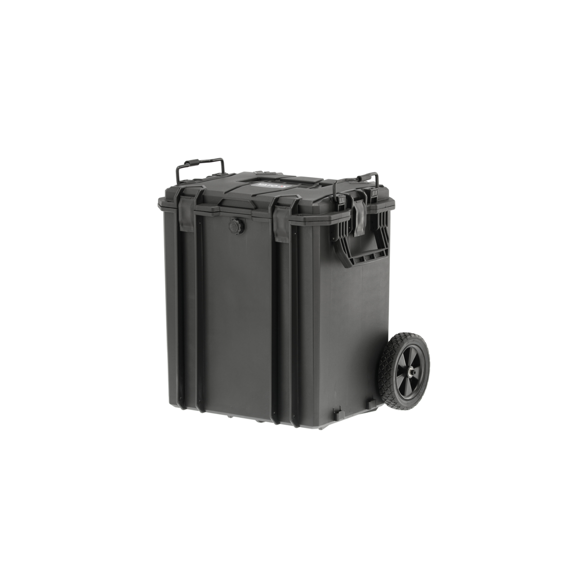 Black storage box with wheels on a white background