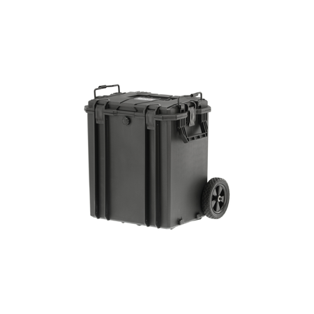 Black storage box with wheels on a white background