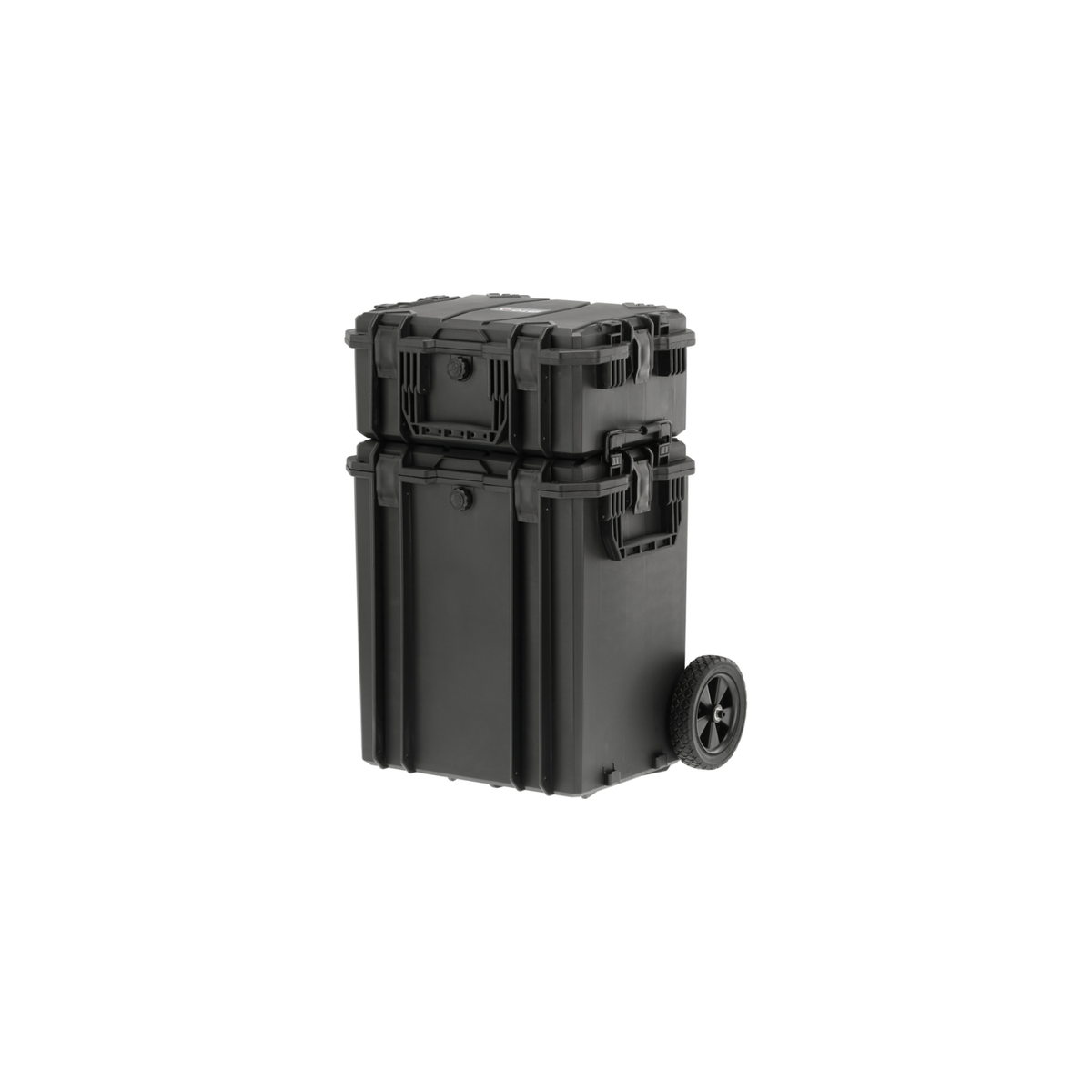 Black hard-shell travel case with wheels on a white background
