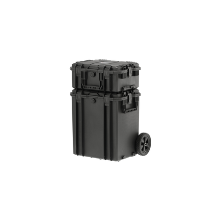 Black hard-shell travel case with wheels on a white background