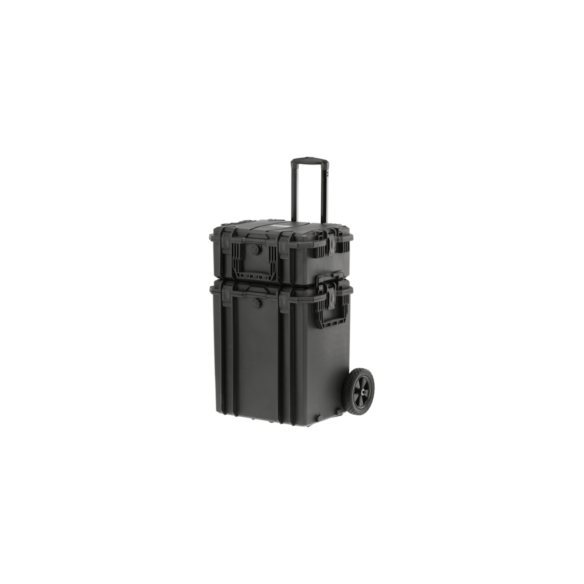 Black hard-shell suitcase with wheels on a white background