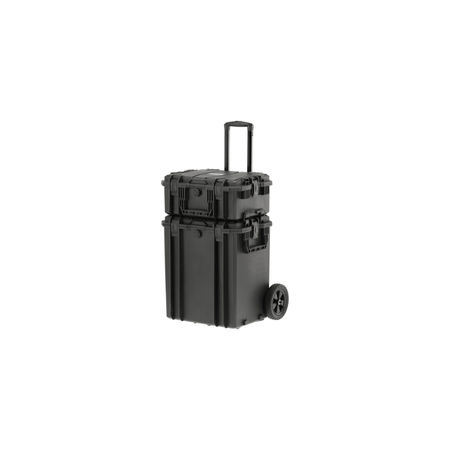 Black hard-shell suitcase with wheels on a white background