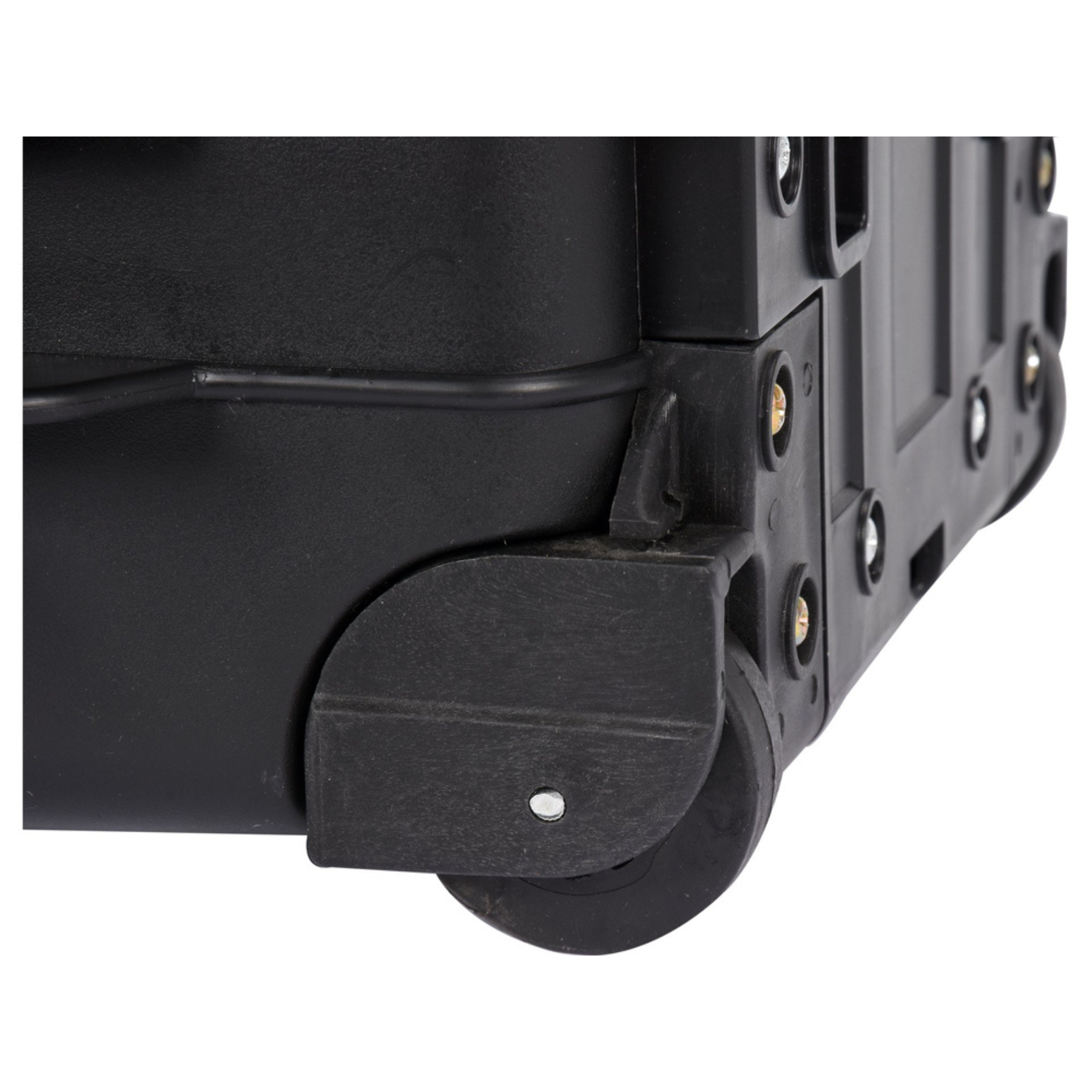 Close-up of a black suitcase with wheels on a white background