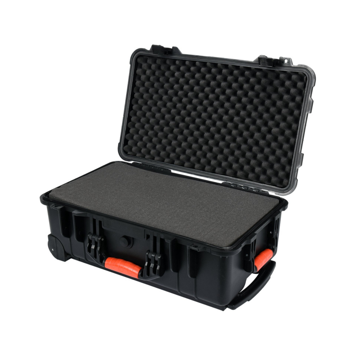 Black hard-shell protective case with foam interior on a white background