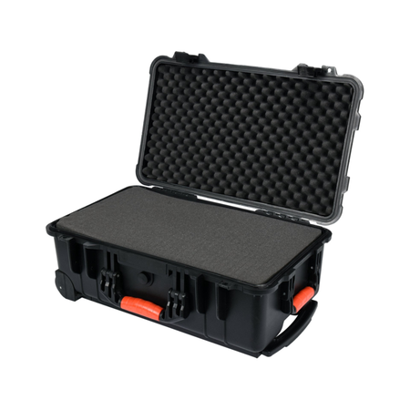 Black hard-shell protective case with foam interior on a white background