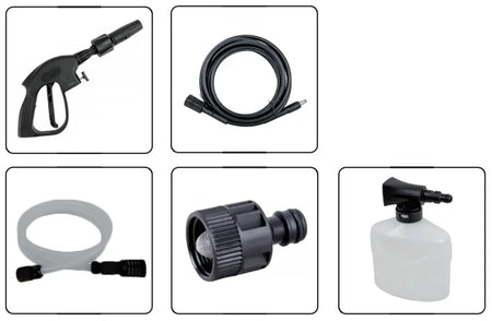 Collection of various car washing tools including a nozzle, hose, spray gun, and other attachments on a white background.