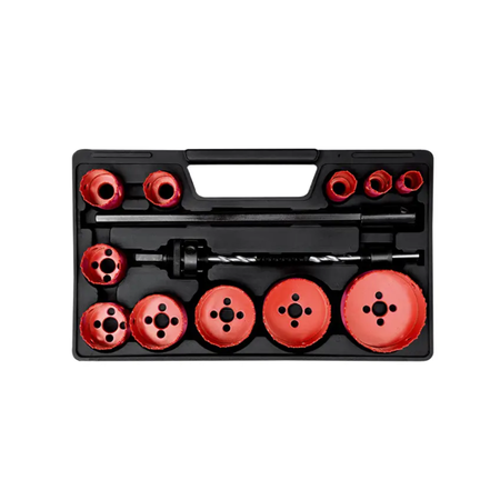 Set of red drill bits and a black drill bit holder in a black case on a white background