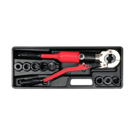 Set of tools including a red and black ratchet wrench in a black tool case on a white background