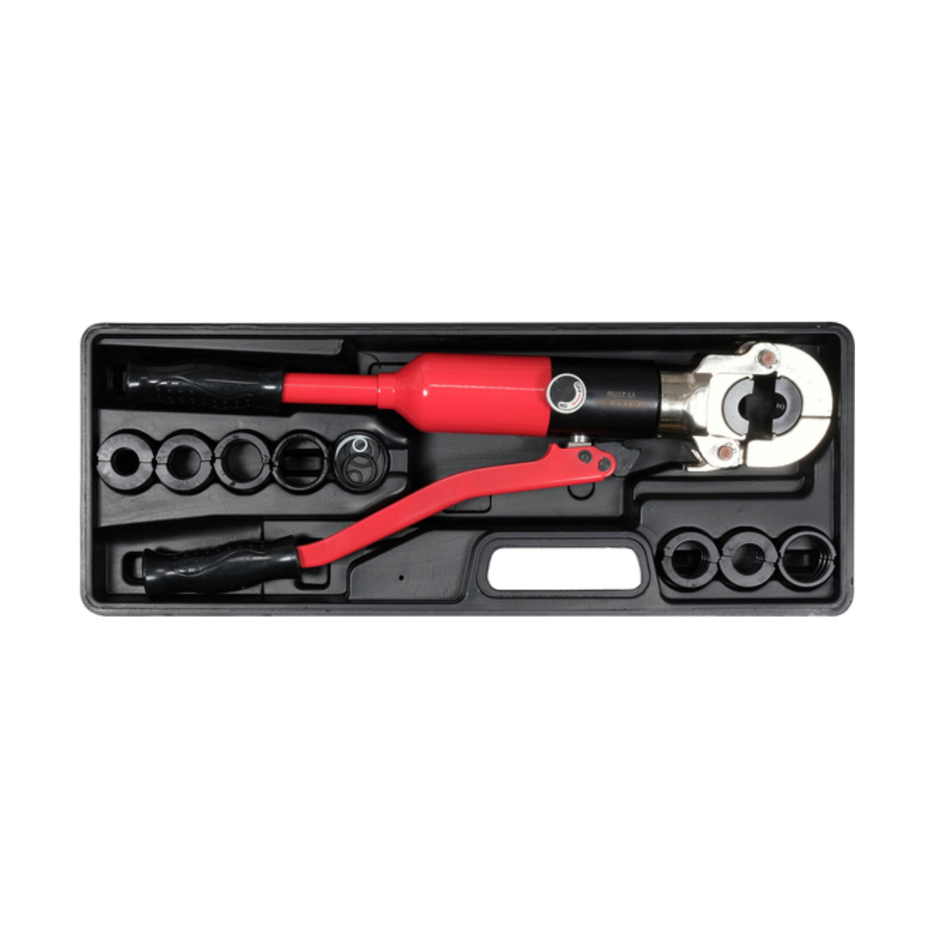Set of tools including a red and black ratchet wrench in a black tool case on a white background