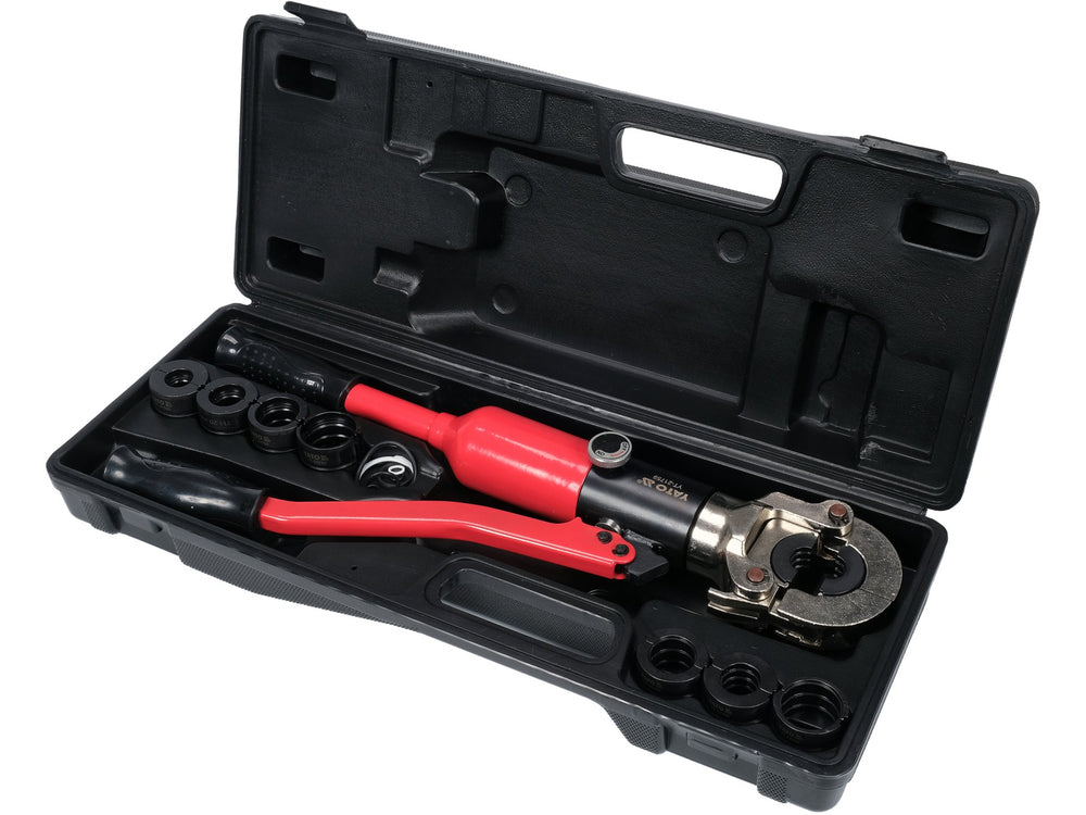 Cable cutting tool set with red handles in a black case on a white background