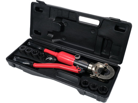 Cable cutting tool set with red handles in a black case on a white background