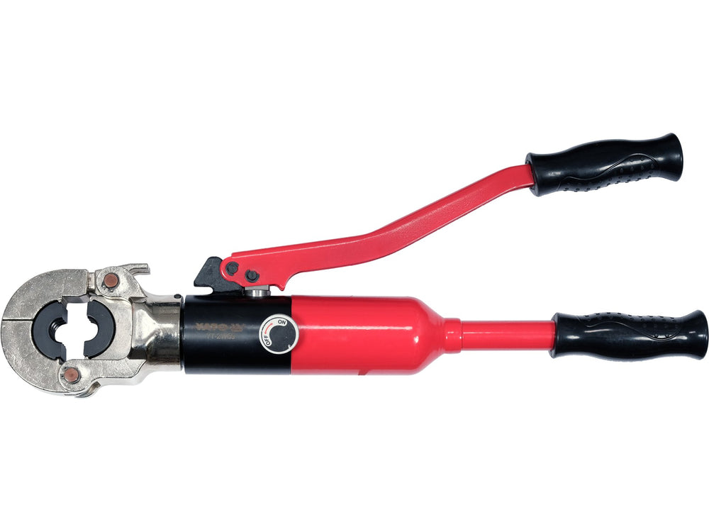Red and black cable cutting tool on a white background