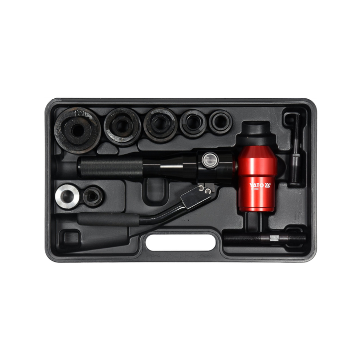 YATO Hydraulic Sheet Metal Hole Punch 22-60mm 6T YT-18900 with hydraulic punch driver, hardened steel punches, and carrying case for electrical panel fabrication, sheet metal work, and industrial installations.