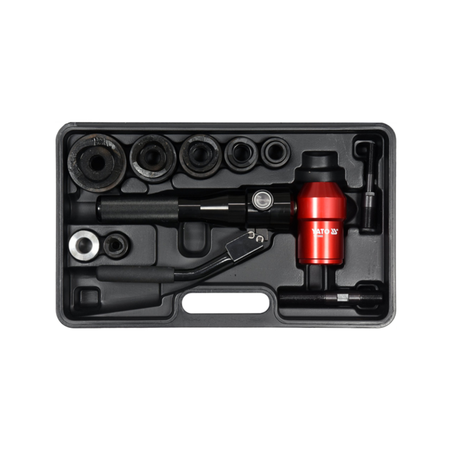 YATO Hydraulic Sheet Metal Hole Punch 22-60mm 6T YT-18900 with hydraulic punch driver, hardened steel punches, and carrying case for electrical panel fabrication, sheet metal work, and industrial installations.