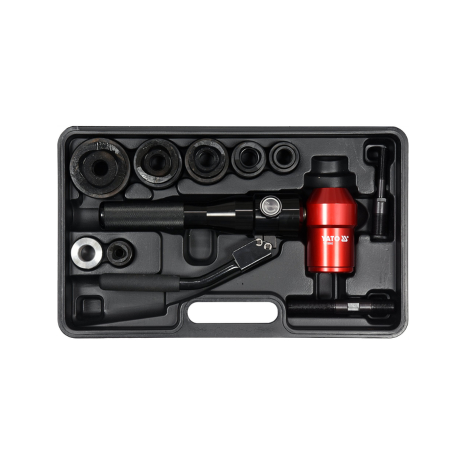 YATO Hydraulic Sheet Metal Hole Punch 22-60mm 6T YT-18900 with hydraulic punch driver, hardened steel punches, and carrying case for electrical panel fabrication, sheet metal work, and industrial installations.