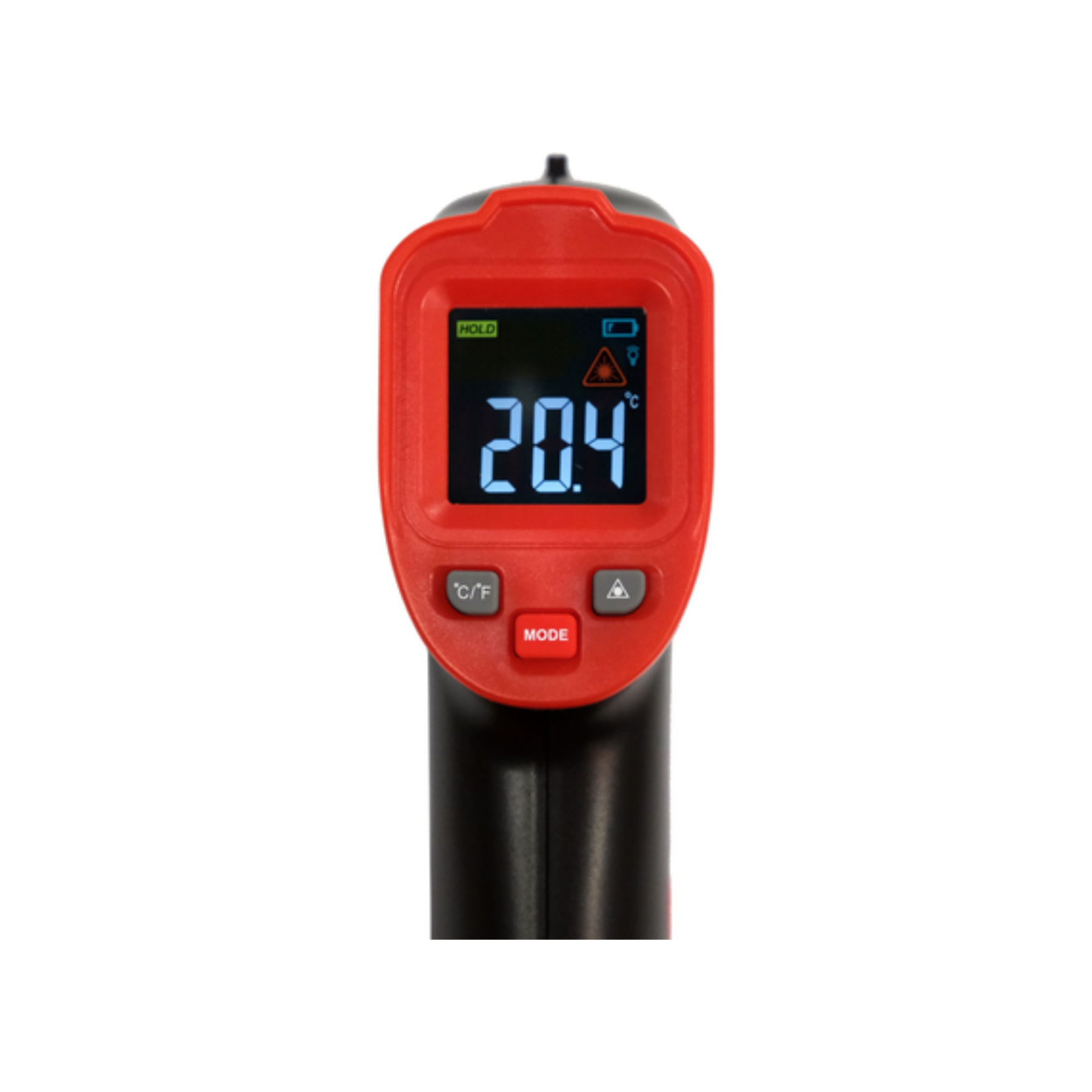 Red infrared thermometer with digital display on a white background
