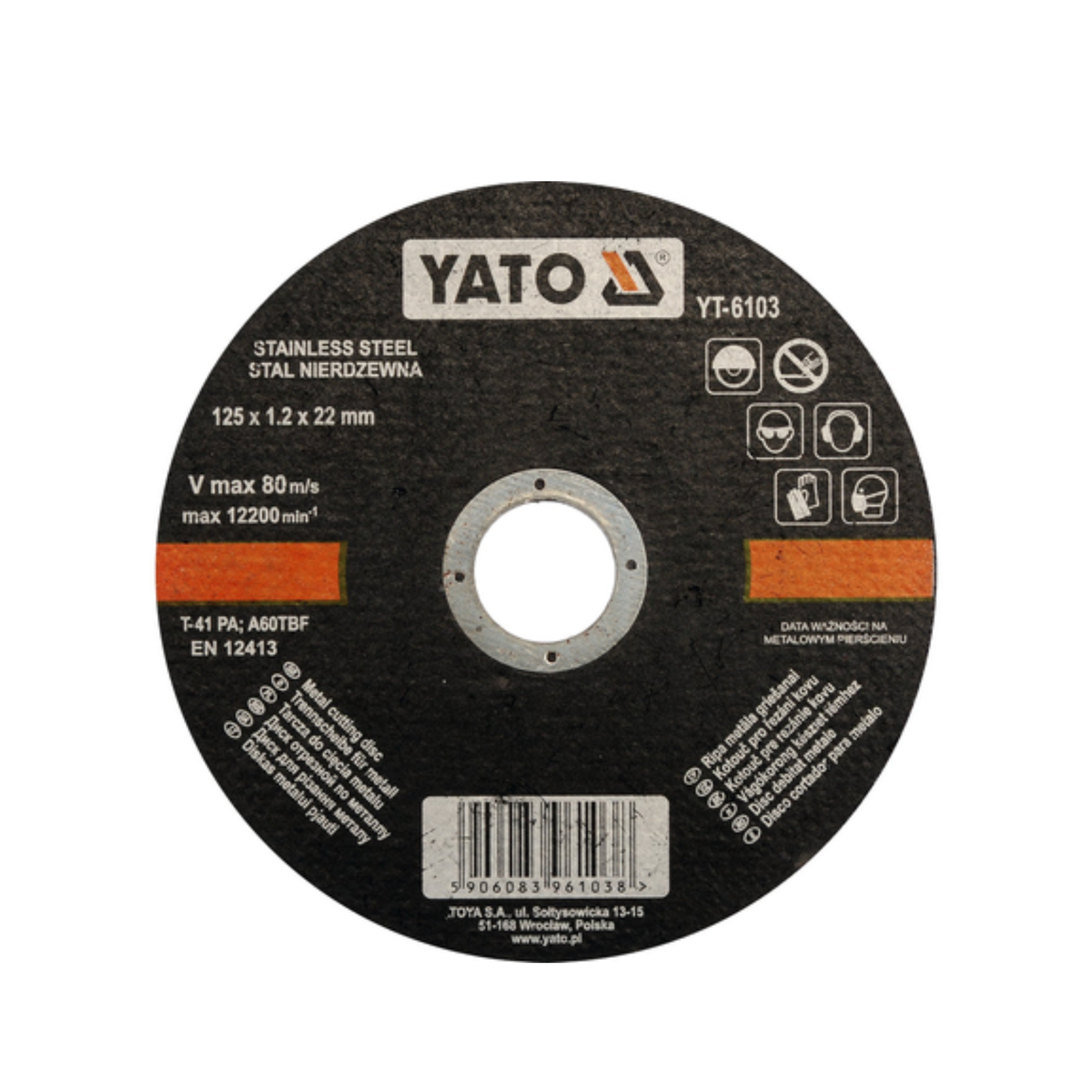 A circular black abrasive cutting wheel with a central hole, featuring the YATO brand logo and technical specifications in Polish, shown on a plain white background.
