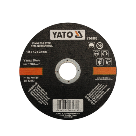 A circular black abrasive cutting wheel with a central hole, featuring the YATO brand logo and technical specifications in Polish, shown on a plain white background.