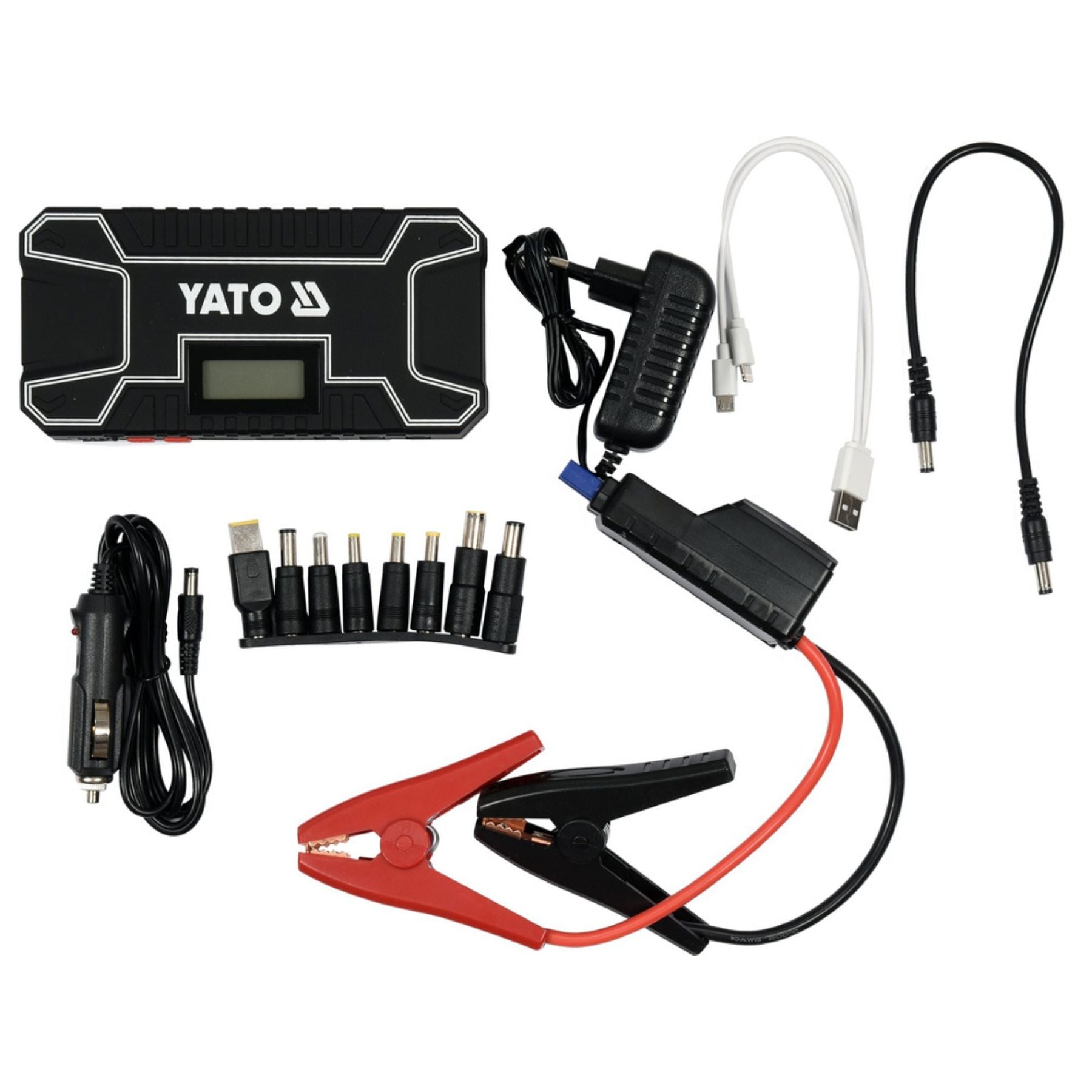 YATO battery jump starter kit with cables and connectors on a white background