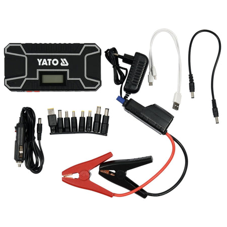 YATO battery jump starter kit with cables and connectors on a white background