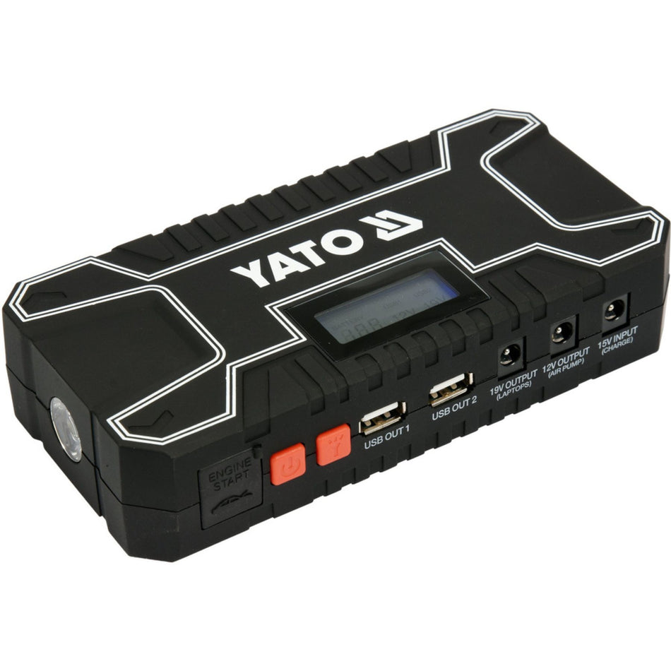 Black YATO battery jump starter with multiple ports on a white background