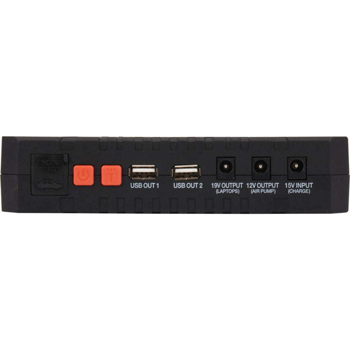 Black power adapter with multiple ports on a white background