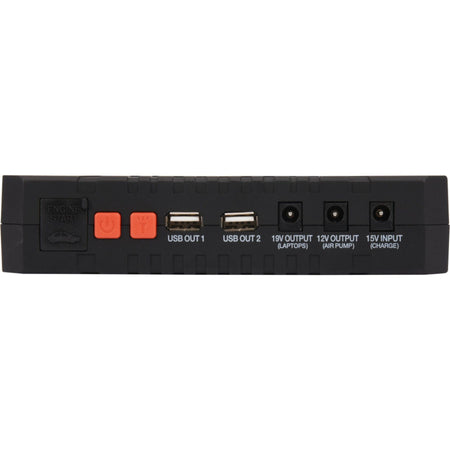 Black power adapter with multiple ports on a white background