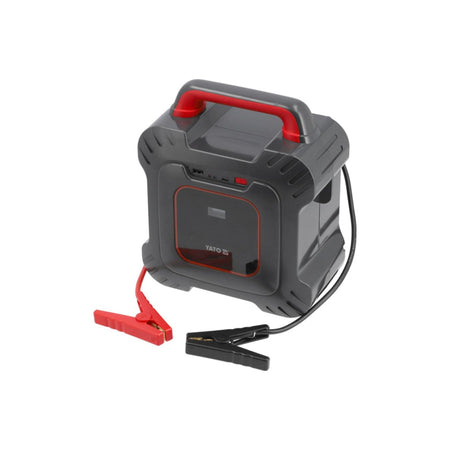Gray and red jump starter with clamps on a white background