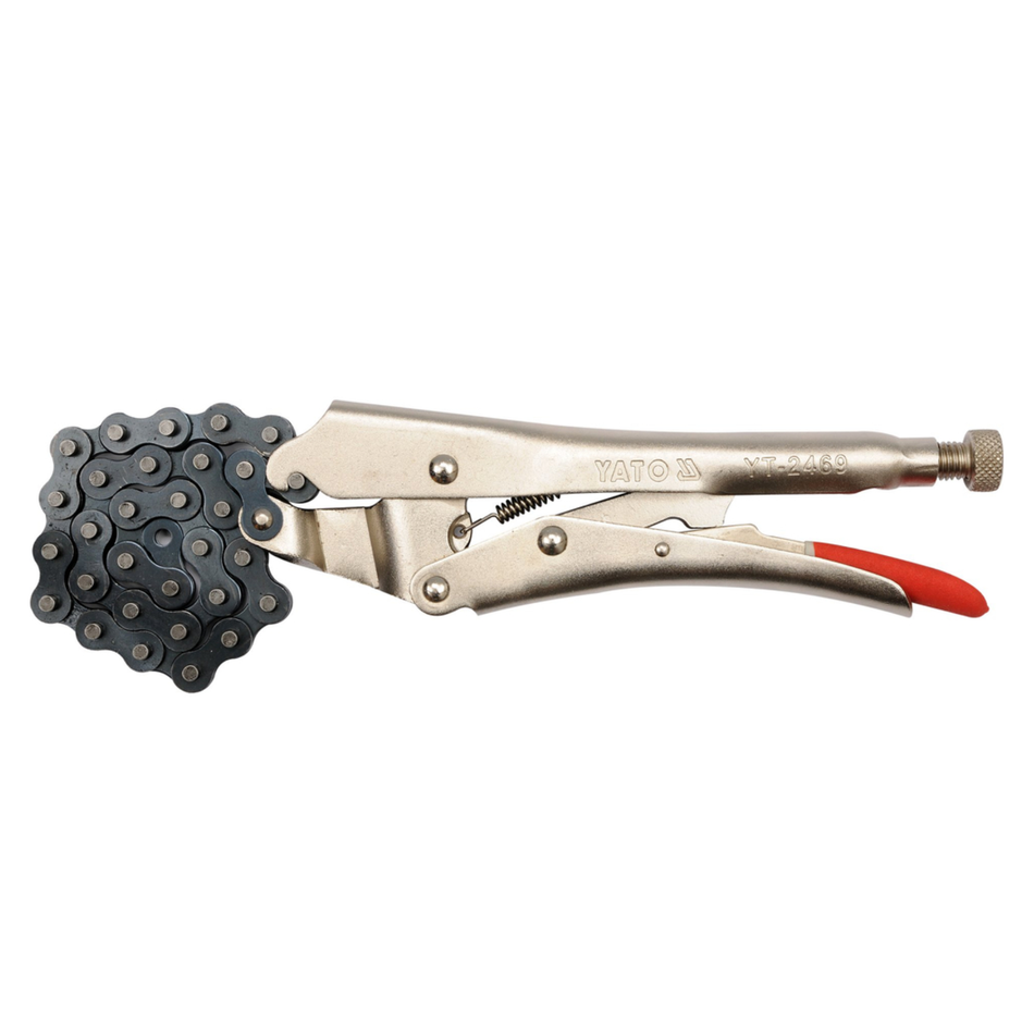 A YATO V-4040 locking clamp tool with a silver metal body and a red handle accent, shown against a plain white background.