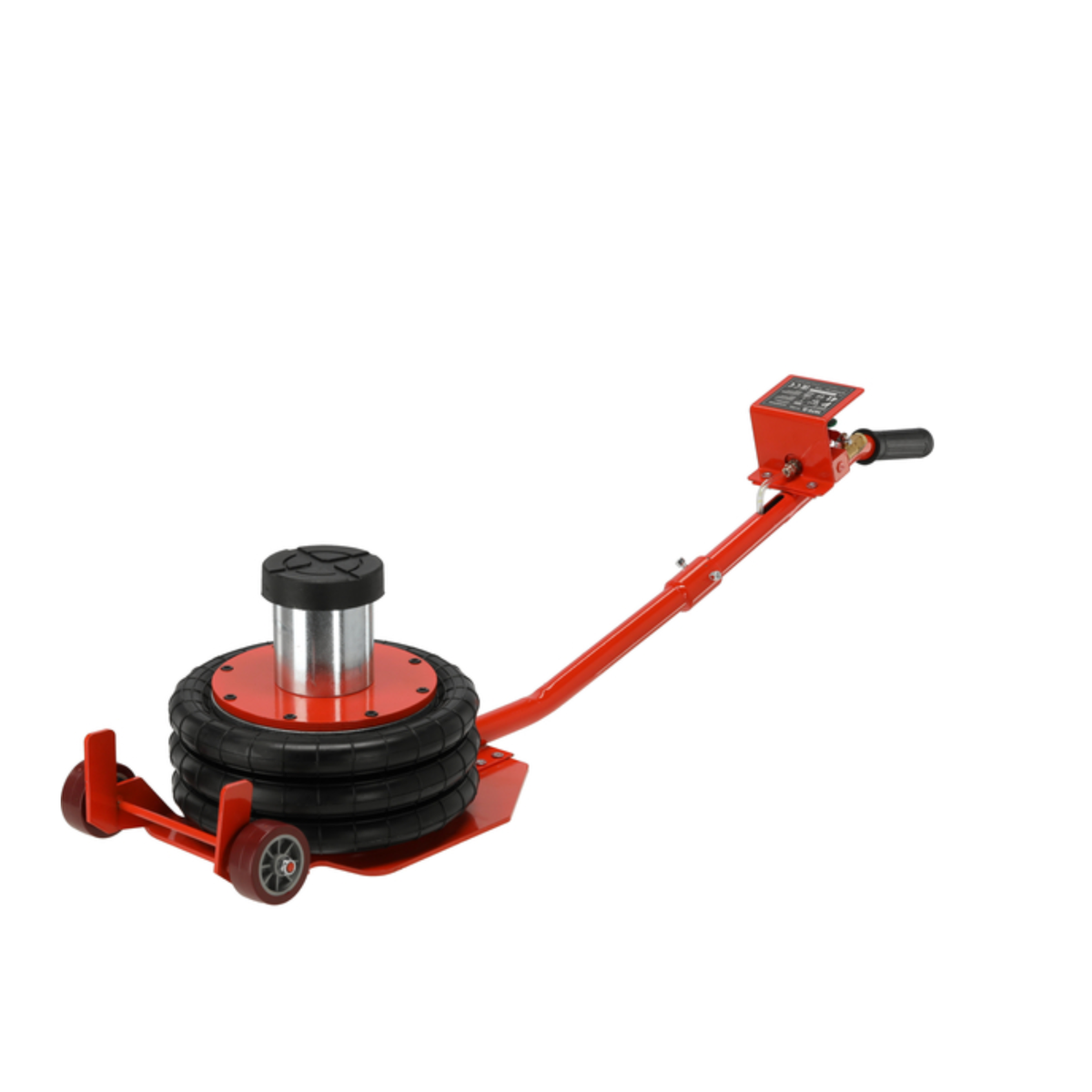 Red hydraulic floor jack on a white background