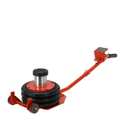 Red hydraulic floor jack on a white background