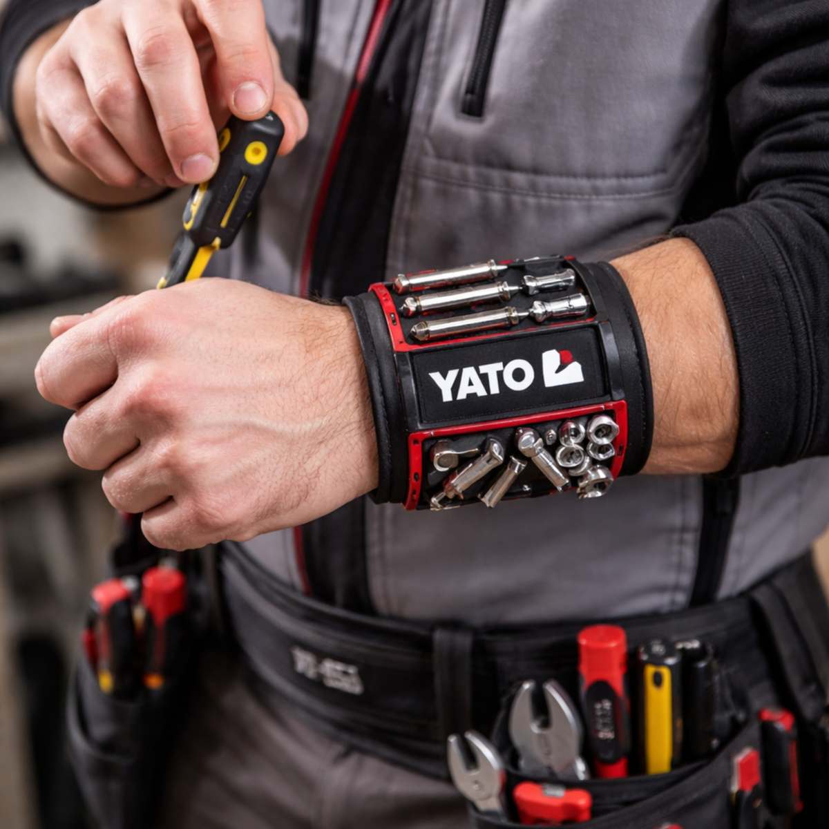 Person wearing a Yato tool belt with various tools and a wrist tool holder.