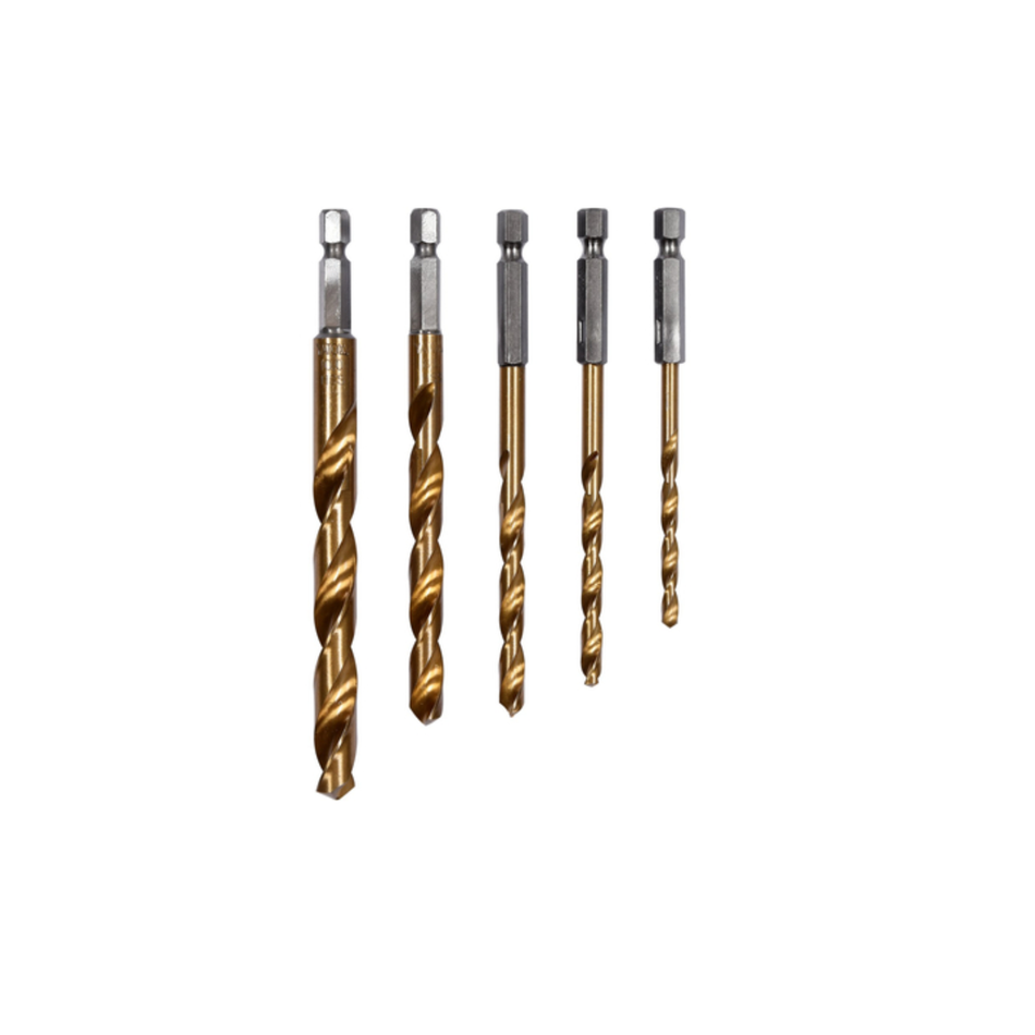 Set of five drill bits with different sizes on a white background